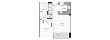 A floor plan of a living space with a bedroom, bathroom, laundry, and kitchen.