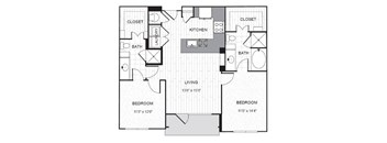 A black and white floor plan of a two bedroom apartment.