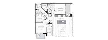 A floor plan of a house with a living room, kitchen, two bedrooms, a bathroom, and a laundry area.