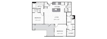 A floor plan of a house with two bedrooms, a living room, a kitchen, a bathroom, and a closet.