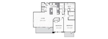 A floor plan of a home with a living area, kitchen, bathrooms, and bedrooms.