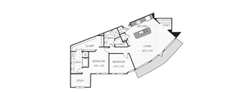 A floor plan of a small apartment with a living room, kitchen, bedroom, bathroom, and laundry area.