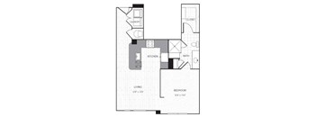 A floor plan of a small apartment with a living room, kitchen, bathroom, and bedroom.