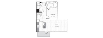 A floor plan of a small apartment with a bedroom, living room, kitchen, closet, and laundry area.