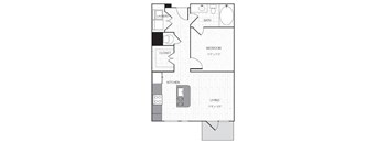 A floor plan of a small apartment with a living room, kitchen, bedroom, bathroom, and laundry area.