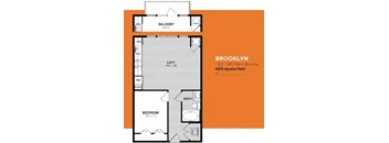 A floor plan of a Brooklyn apartment is shown with a bedroom, bathroom, and balcony.