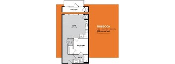 A floor plan of a one bedroom apartment in Tribeca.