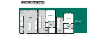 A floor plan for Midway Urban Village showcasing three levels of town homes and flats with labeled rooms.