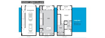 A blue and white image of a floor plan for a Midway Urban Village townhome.