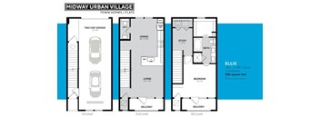 A blueprint of a three-story townhouse with a two-car garage on the first level.