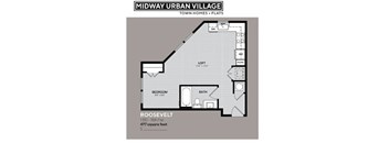 A floor plan for a 1 bedroom, 1 bathroom flat in Midway Urban Village.