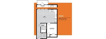 A floor plan of a one bedroom apartment with a balcony.