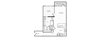 A black and white image of a house floor plan with a bedroom, bathroom, living/dining area, kitchen, pantry, and walk-in closet.