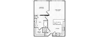 A black and white image of a floor plan for a home with a bedroom, living/dining area, kitchen, pantry, bathroom, and walk-in closet.