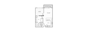 A floor plan of a home with a bedroom, bathroom, kitchen, living room, dining room, pantry, and walk-in closet.