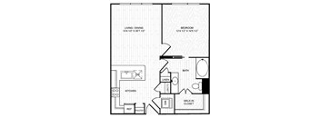 A black and white image of a house floor plan with a living/dining area, kitchen, pantry, bedroom, bath, linen closet, and walk-in closet.