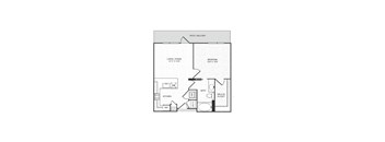 A floor plan of a small apartment with a living/dining area, kitchen, bathroom, bedroom, and walk-in closet.