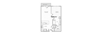 A floor plan of a home with a living room, dining room, kitchen, pantry, bedroom, bathroom, and walk-in closet.