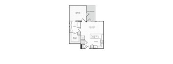 A black and white floor plan of a house with a bedroom, bathroom, living/dining area, kitchen, and pantry.
