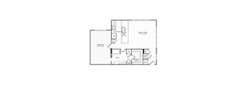 A floor plan of a small apartment with a bedroom, living room, and kitchen.