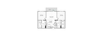 A black and white image of a house floor plan with a living room, dining room, kitchen, and two bedrooms.