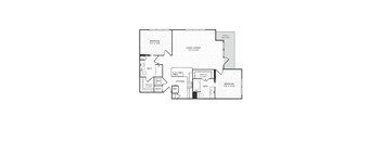 A floor plan of a home with a living area, dining area, kitchen, and two bedrooms.