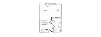 A black and white image of a floor plan for a small apartment.