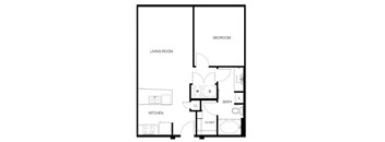 A black and white image of a floor plan for a small apartment.