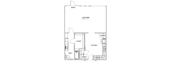 A floor plan of a small apartment with a living area, kitchen, bathroom, closet, and utility space.