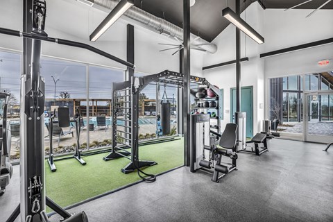 A gym with a variety of equipment including a squat rack, bench, and weights.