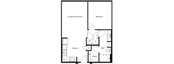 A floor plan of a small apartment with a living/dining room, kitchen, bedroom, and bathroom.