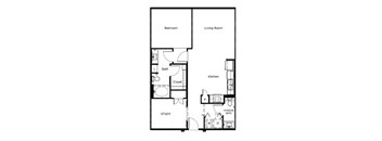 A floor plan of a small apartment with a bedroom, living room, study, kitchen, and bathroom.
