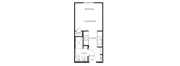 A floor plan of a small apartment with a bedroom, living room, kitchen, and bathroom.