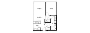 A floor plan of a small apartment with a living room, dining room, kitchen, bedroom, bathroom and closet.