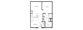 A black and white image of a floor plan for a small apartment.