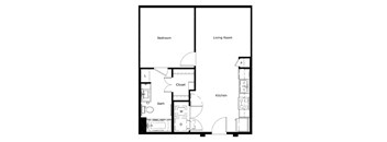A floor plan of a small apartment with a bedroom, living room, kitchen, and bathroom.