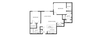 A black and white floor plan of a house with two bedrooms, a living room, a dining room, a kitchen, and two bathrooms.