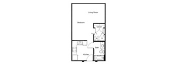 A floor plan of a small apartment with a bedroom, a living room, a kitchen, and a bathroom.