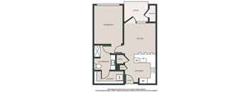 A floor plan of a home with a bedroom, bathroom, kitchen, living room, and patio.