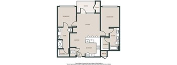 A floor plan of a house with two bedrooms, a living room, a dining room, a kitchen, two bathrooms, a pantry, a closet, a storage area, and a patio.