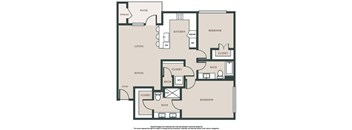 A floor plan of a house with a living room, kitchen, dining room, and two bedrooms.