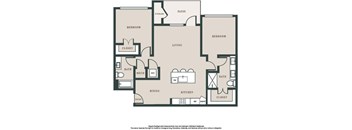 A floor plan of a house with two bedrooms, a living room, a kitchen, a dining room, a bathroom, a storage area, and a patio.