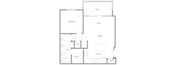 A black and white floor plan of a house with a bedroom, living room, dining room, kitchen, pantry, bath, and closet.