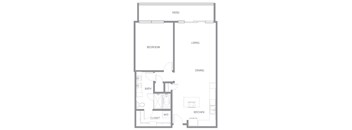 A floor plan of a house with a bedroom, bathroom, kitchen, dining area, and living room.