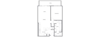 A floor plan of a house with a living room, dining room, kitchen, bedroom, bathroom, and closet.