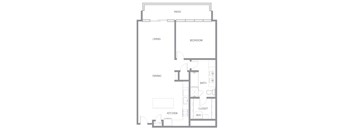 A floor plan of a small apartment with a living room, bedroom, dining area, kitchen, bathroom, and closet.