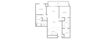 A floor plan of a house with a patio, two bedrooms, a living room, a dining room, a kitchen, two bathrooms, and two closets.
