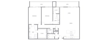A floor plan of a house with two bedrooms, a powder room, a kitchen, a dining area, and a living space.