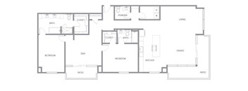 A floor plan of a house with two bedrooms, a living area, a kitchen, a dining area, a bathroom, a den, a patio, and a powder room.