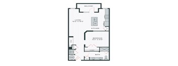 A floor plan of a small apartment with a living room, kitchen, bedroom, bathroom, and balcony.
